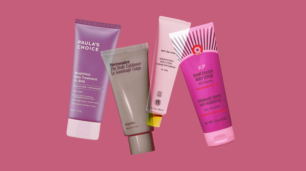 A collage of Paula's Choice Necessaire Soft Services and First Aid Beauty chemical body exfoliators on a deep pink...