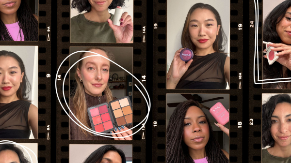 A black film strip collage of Allure editors holding their favorite blushes