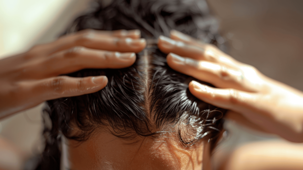 Image contains a woman massaging a hair product into wet hair