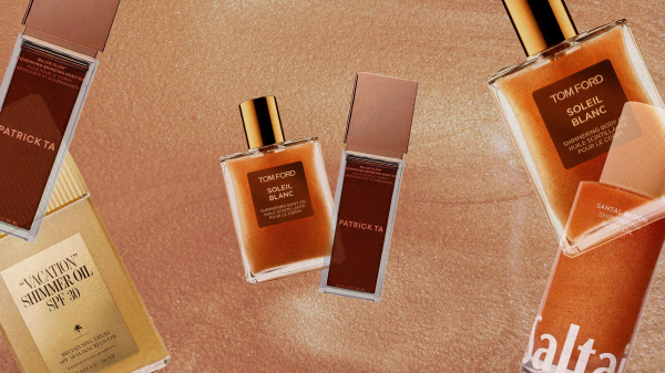 A collage of Tom Ford Vacation Patrick Ta and Saltair body shimmer oils on a shimmery bronze background