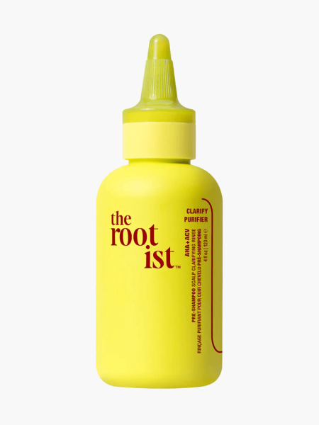 AHA+ACV Pre-Shampoo Scalp Clarifying Treatment in yellow and red branded bottle with applicator cap on light gray background